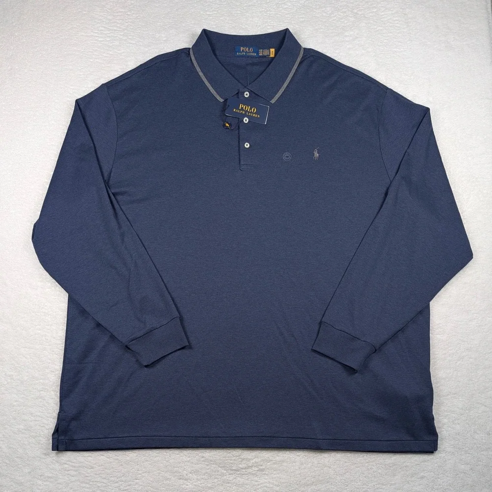 Polo Ralph Lauren Polo Shirt Mens 4XB Navy Long‎ Sleeve Tipped Collar Pony NEW